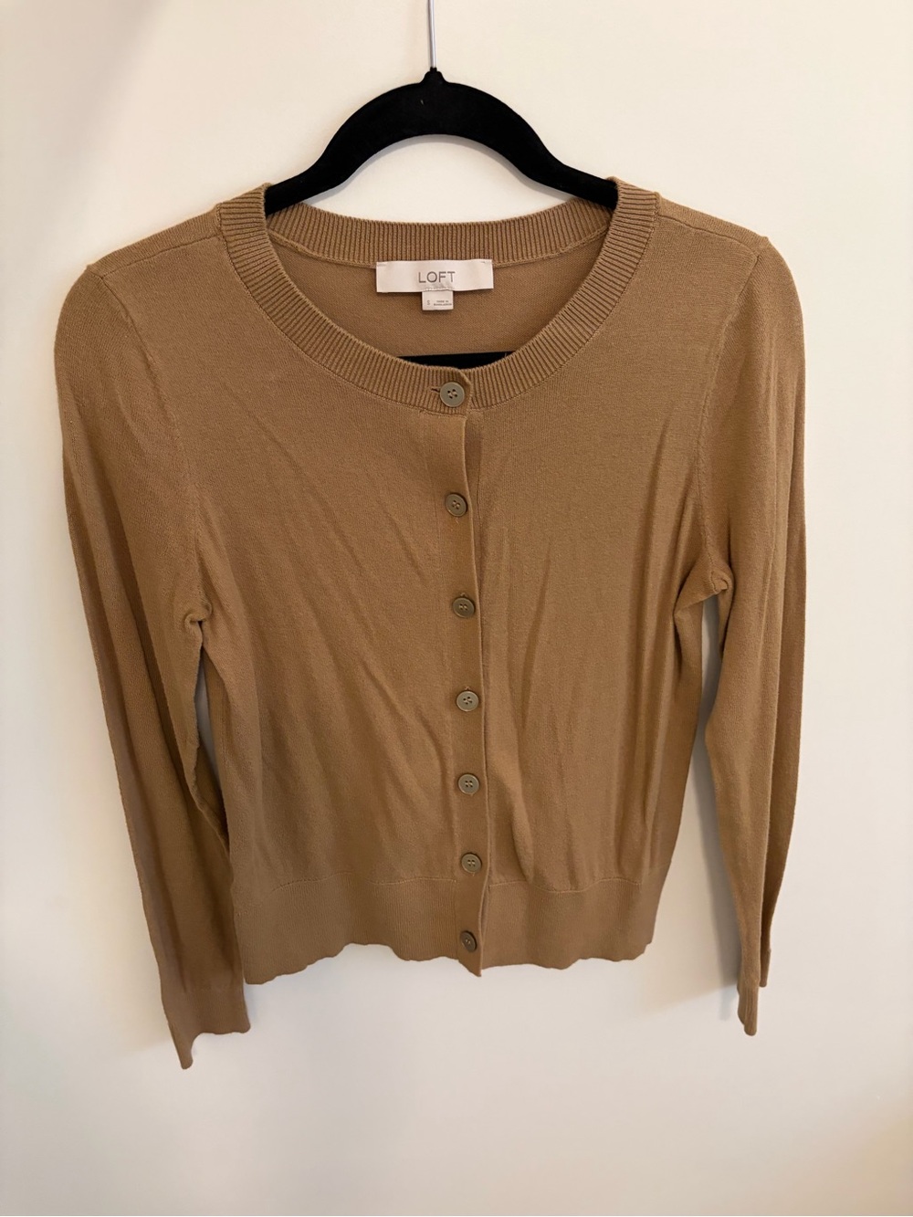 LOFT Tan Crewneck Button-Front Cardigan